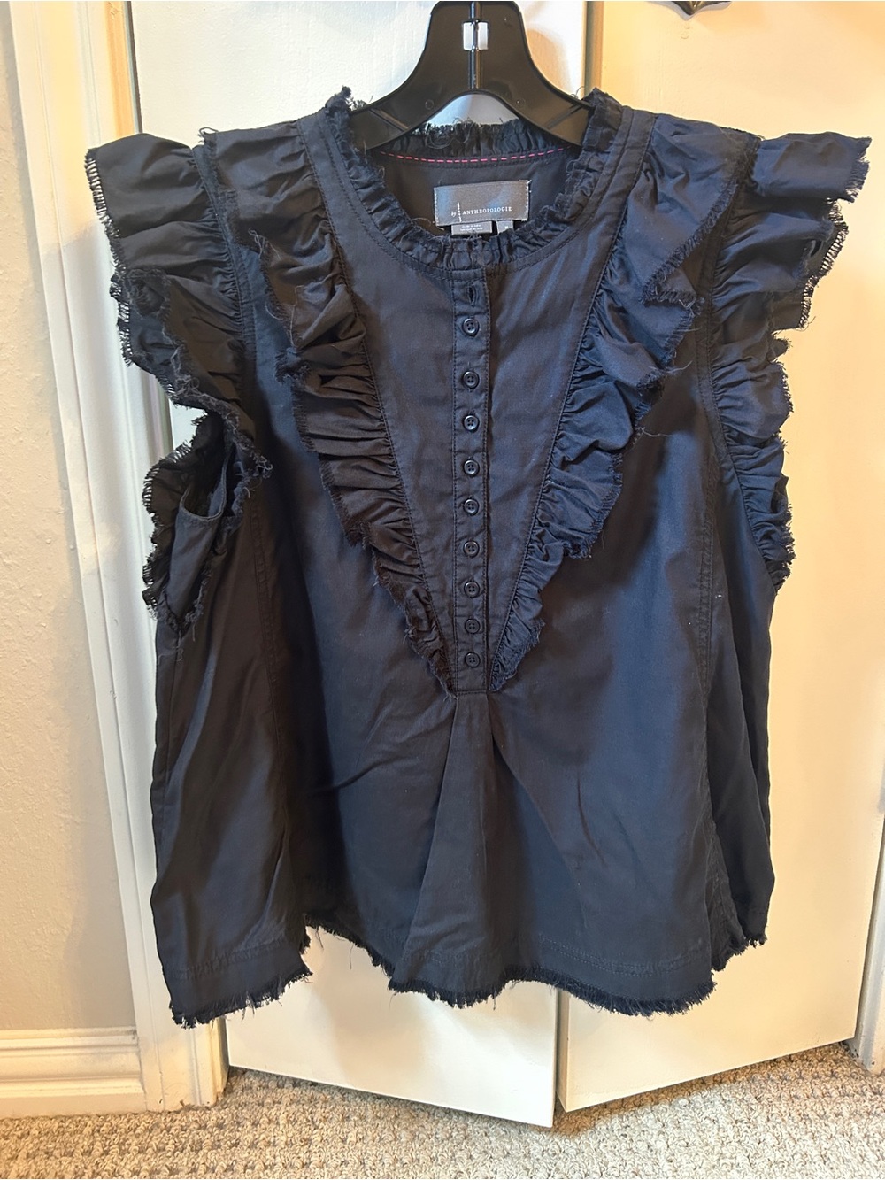Anthropologie Black Raw Hem Ruffled Button-Front Blouse